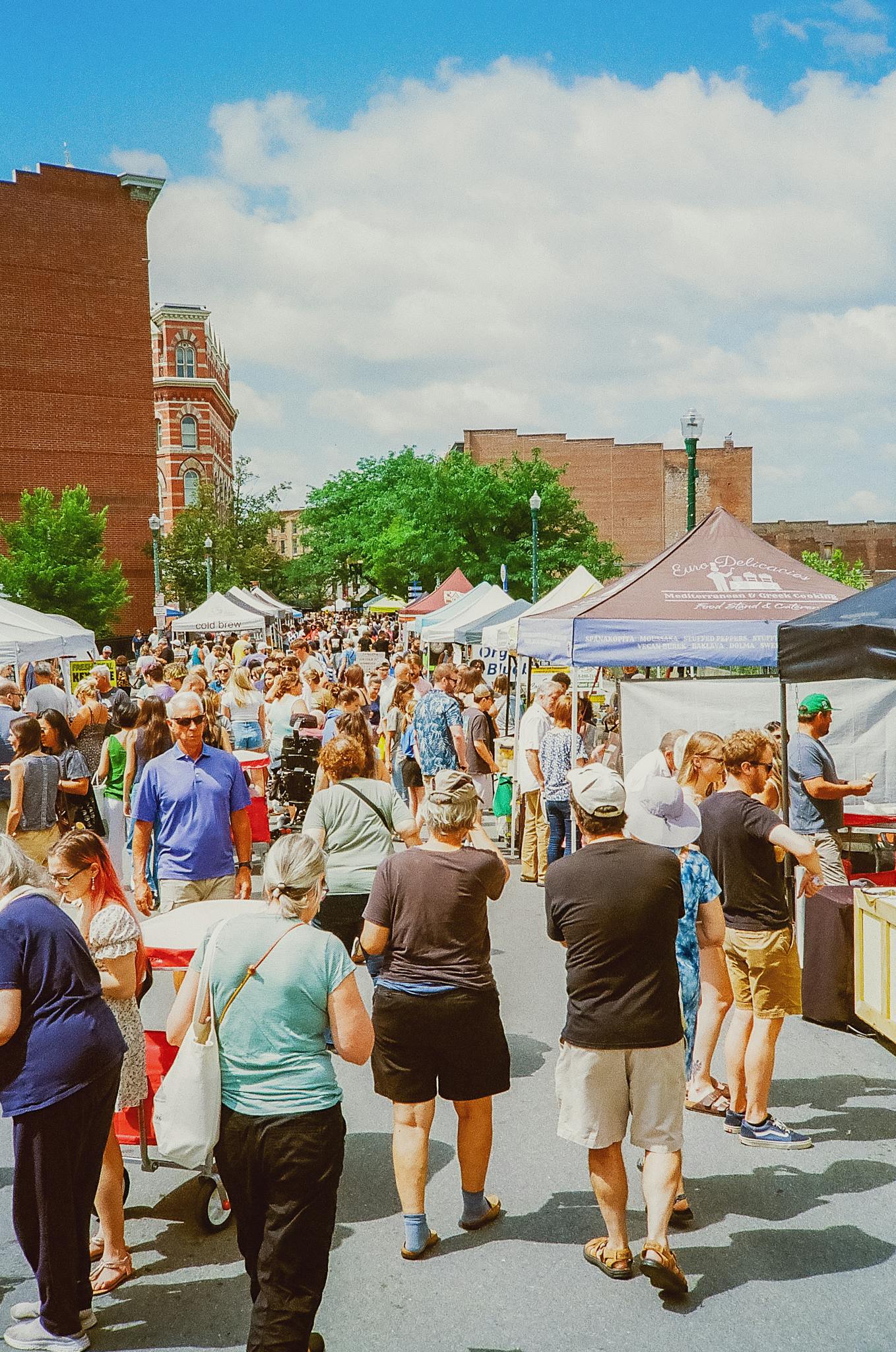 A bustling outdoor market with diverse people shopping under sunny skies.