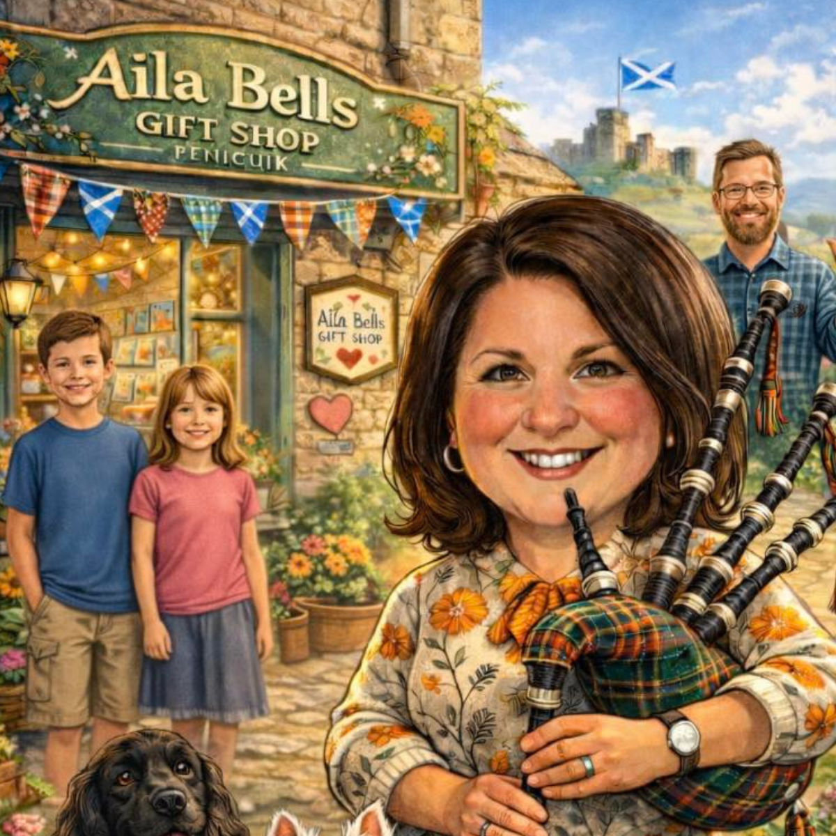 Illustrated promotional image for Aila Bells Gift Shop in Penicuik