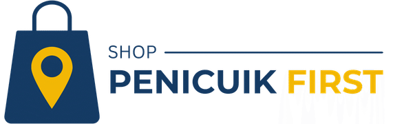 Shop Penicuik First logo with a navy shopping bag and yellow location pin icon beside the words Shop Penicuik First in navy and yellow