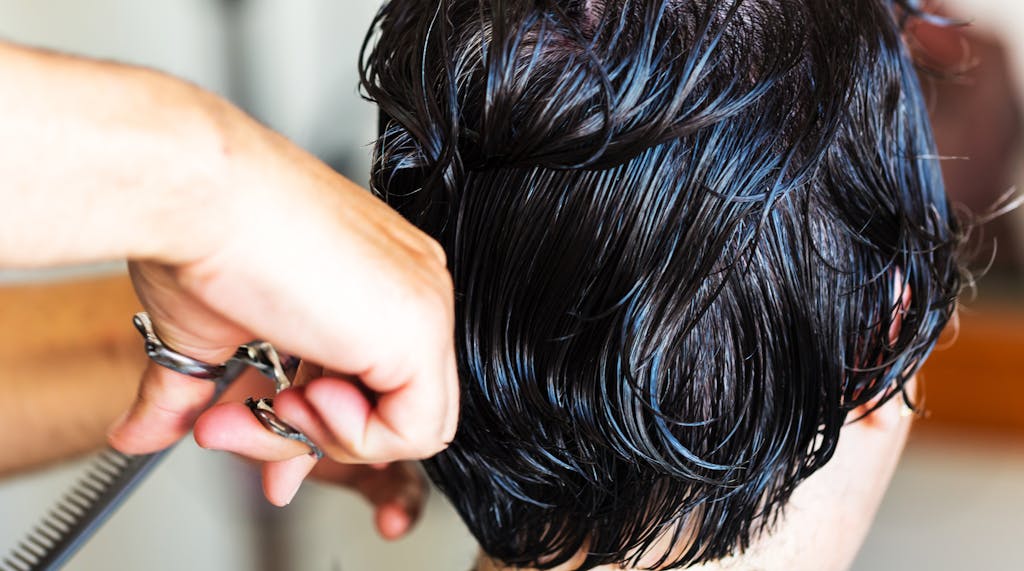 Close-up of a hairdresser cutting dark wet hair with scissors in a salon.